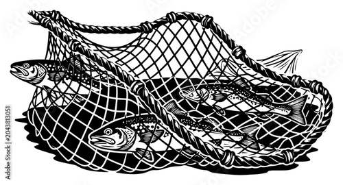 Fishing net with fish harvest linocut illustration, fresh catch in net silhouette woodcut art, sustainable fishing and marine nature vector