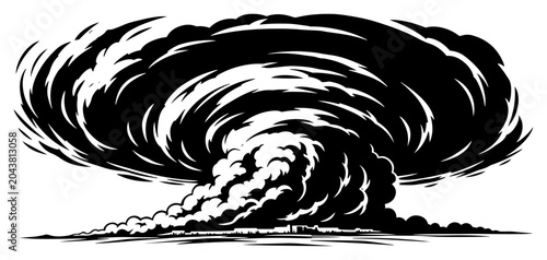 Foto Massive tornado or explosion cloud over horizon linocut illustration, powerful s