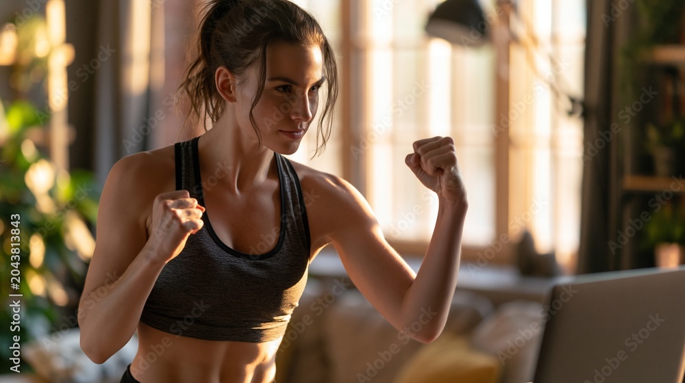 Naklejka premium Female martial arts coach in a cozy apartment demonstrating selfdefense moves focused on laptop screen with warm natural light illuminating the home workout space