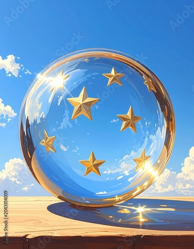 Seven stars are etched into the surface of a polished amber sphere reflecting the bright blue afternoon sky.