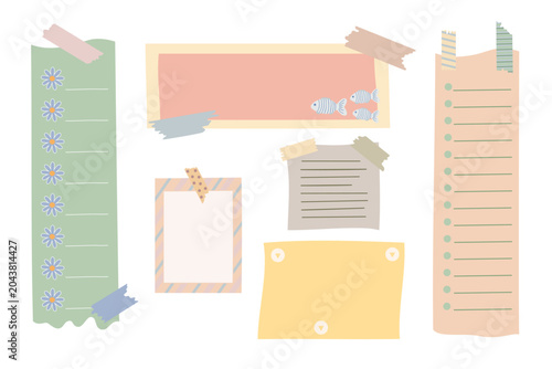 Blank sticky notes and memo pads set in soft pastel colors with pieces of adhesive tape, simple hand drawn design elements for school, office, printable or digital planner design templates