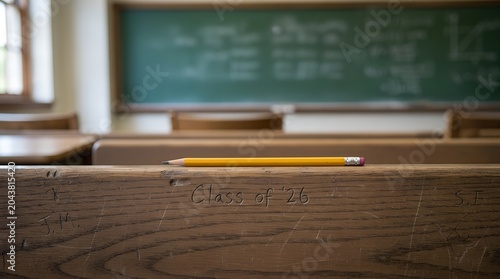 Close up photograph of a yellow graphite pencil on a worn wooden school desk, featuring multiple hand-carved inscriptions reading 