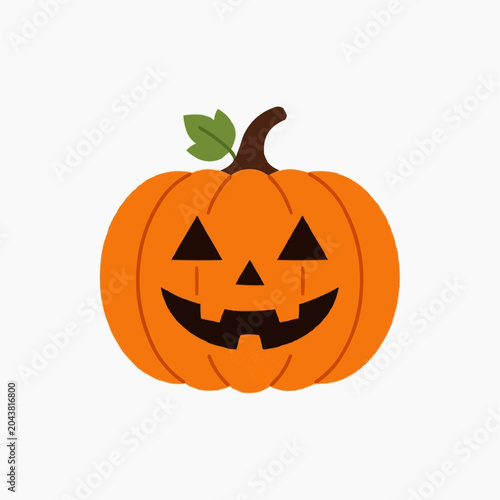 Happy Halloween Jackolantern Pumpkin with Carved Face and Green Leaf