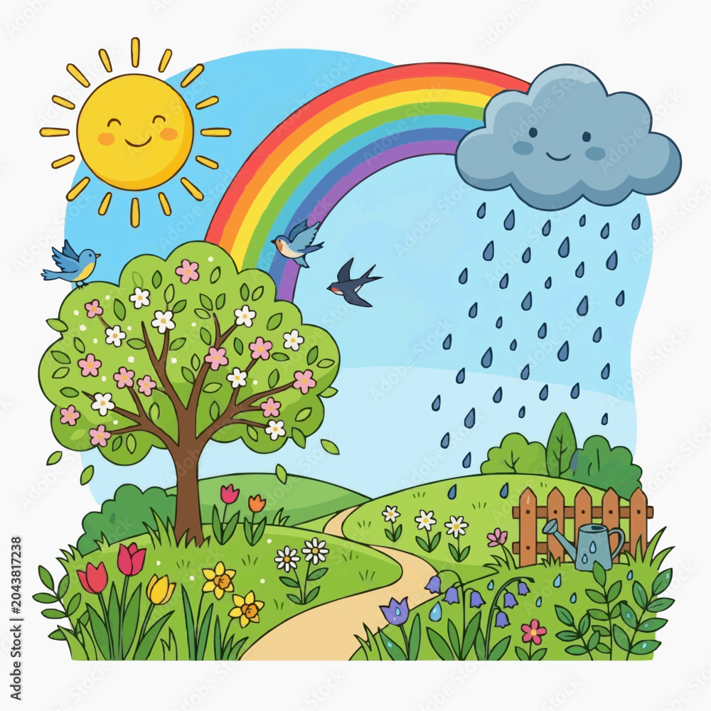 Fototapeta premium Spring landscape with sun rainbow rain cloud birds and blooming tree