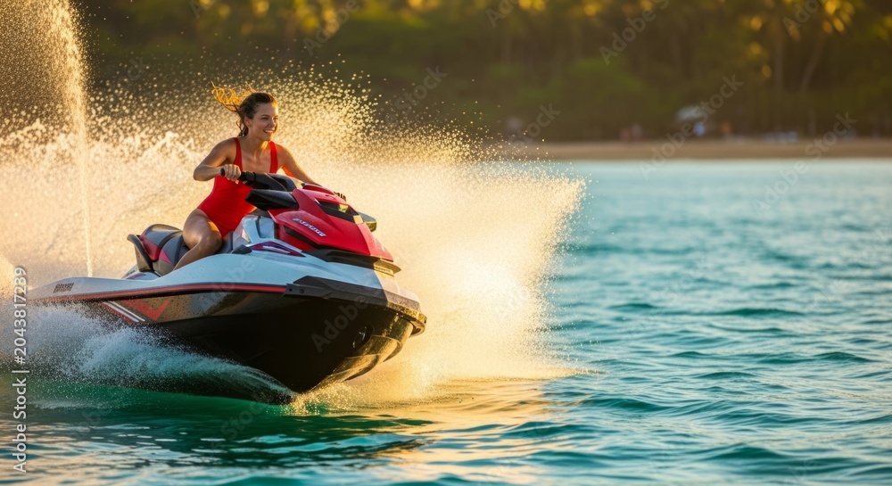 Fototapeta premium Joyful woman in red swimsuit riding jet ski through turquoise water at golden hour, dynamic summer adventure