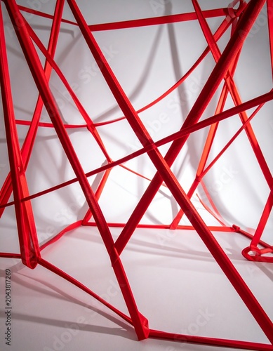 Stretched red elastic bands forming a complex geometric web against a clean white background under bright studio lighting for conceptual use.