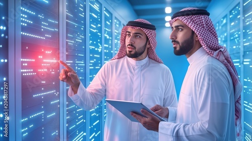 IT engineers in traditional Arab clothing inspecting server hardware in modern data center. Tech specialists managing cloud computing infrastructure.