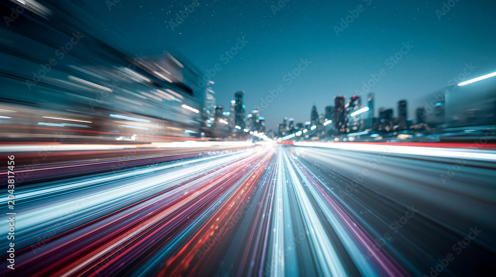 Obraz premium Futuristic Urban Nightscape with High Speed Light Trails and City Skyline under Starry Sky Background