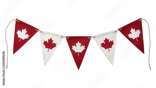 Canadian flag bunting garland with red and white maple leaf pennants isolated on transparent background