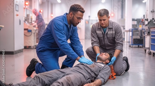 First aid response to workplace accident in manufacturing plant. Colleagues providing emergency medical assistance to injured worker on factory floor.