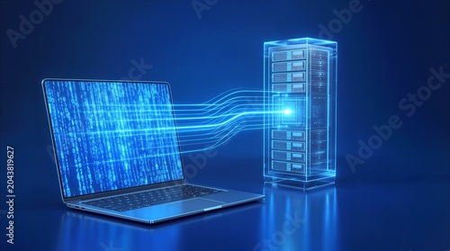 Server rack connecting to laptop through glowing blue light streams. Digital information transfer and cloud computing synchronization in a modern network environment.