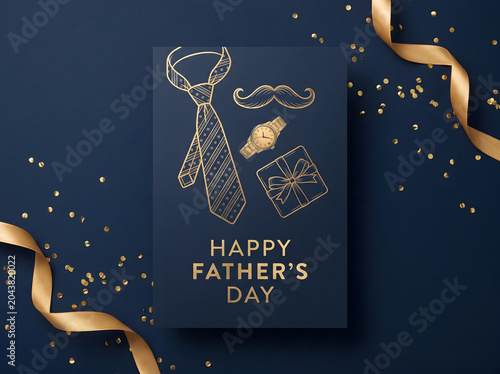Elegant Father's Day Card Design with Luxury Navy Blue and Gold Palette, Artistic Arrangement of Necktie, Mustache, Watch, and Gift Box, Modern Typography Copy Space, Premium Advertising Style