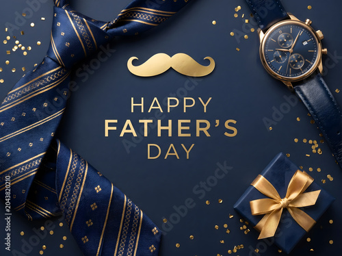 Elegant Father's Day Card Design with Luxury Navy Blue and Gold Palette, Artistic Arrangement of Necktie, Mustache, Watch, and Gift Box, Modern Typography Copy Space, Premium Advertising Style