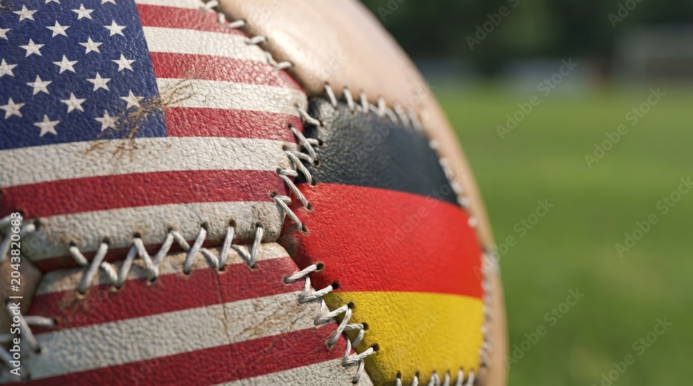 Naklejka premium A close-up of a soccer ball featuring the flags of the USA and Germany, symbolizing international sportsmanship.