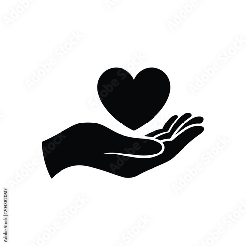 Black silhouette hand holding a heart icon, donation concept