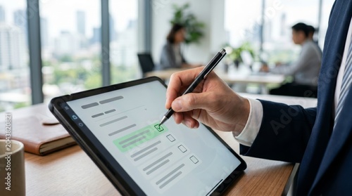 A businessman, wearing a suit, checks off tasks on a tablet in a modern office environment with colleagues in the background.