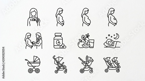 A series of simple line illustrations depicting the journey of pregnancy, from conception to parenting.