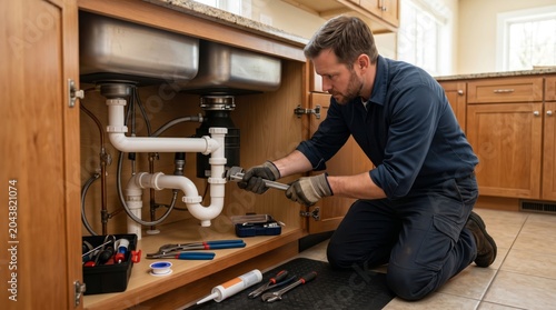 A skilled Caucasian male plumber working diligently under a kitchen sink, fixing plumbing with various tools at hand.
