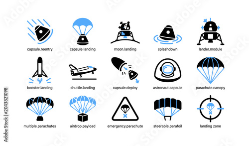 Spacecraft and parachute icons arranged in grid layout