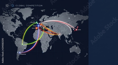 A global map illustrating competitive connections across multiple countries, including England, France, Germany, Brazil, and Japan.