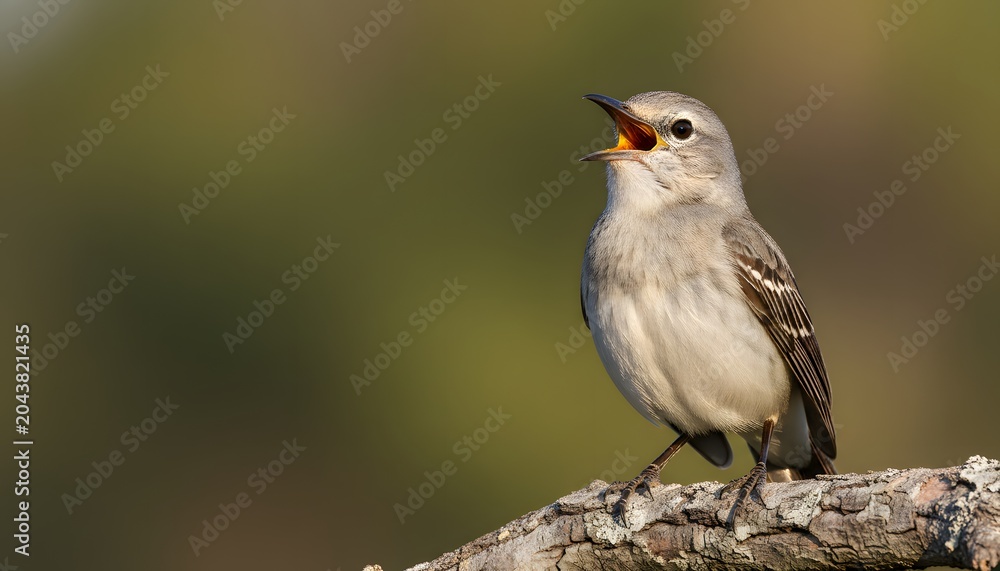 Obraz premium Northern mockingbird singing with beak open perched on a tree branch during morning golden hour, representing wildlife communication and nature song concept