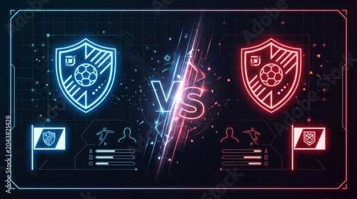 Dynamic digital illustration of a soccer match preview with blue and red team shields, highlighting competition and rivalry.