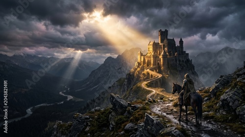 A lone knight in medieval armor stands on a rocky path, overlooking a majestic castle bathed in dramatic sunlight.