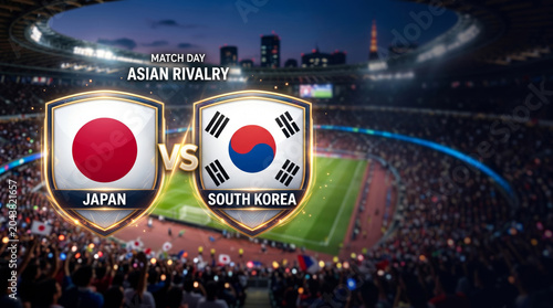 Exciting match day graphic featuring Japan vs South Korea in a vibrant stadium setting.