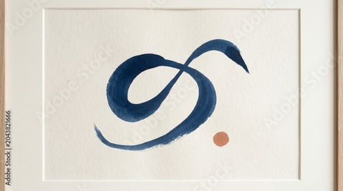 An elegant abstract brushstroke artwork featuring deep blue swirls with a warm copper-colored dot.