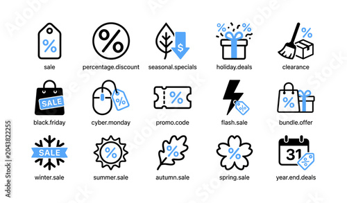 Assorted sale and discount icons arranged in grid on white background