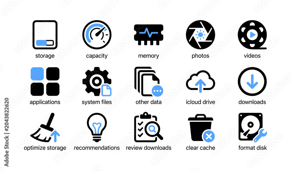 Fototapeta premium Storage and system icons arranged on white background