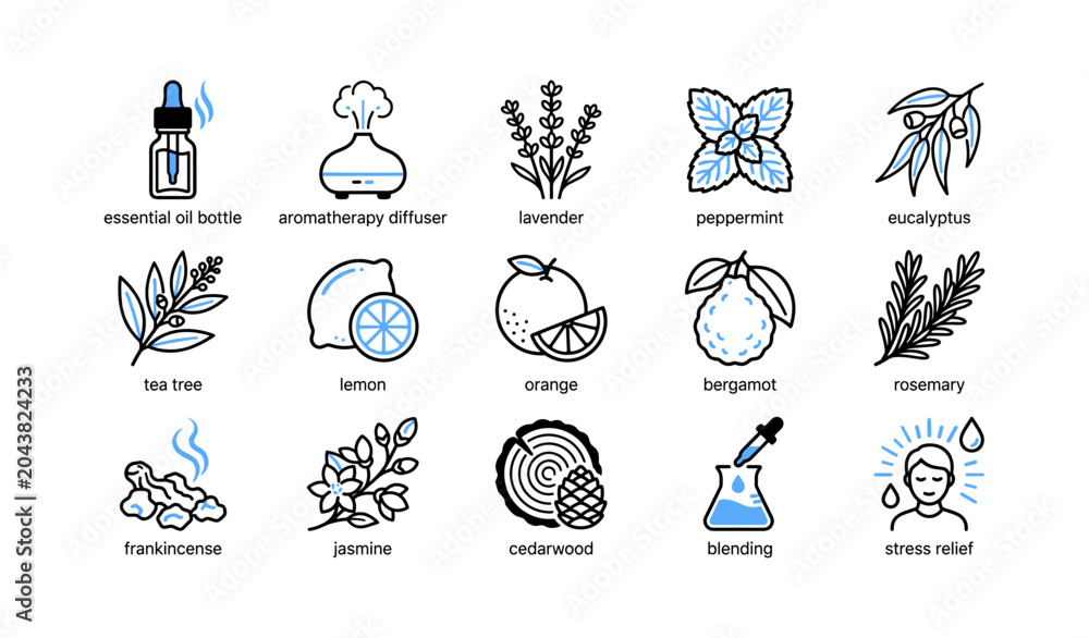 Fototapeta premium Essential oil and aromatherapy icons arranged on white grid