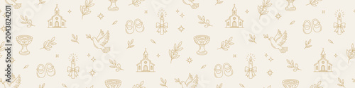 Photos Baptism seamless pattern with church, baptismal font, baby carriage, gifts and dove in gold on ivory background