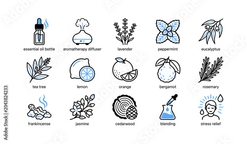 Essential oil and aromatherapy icons arranged on white grid