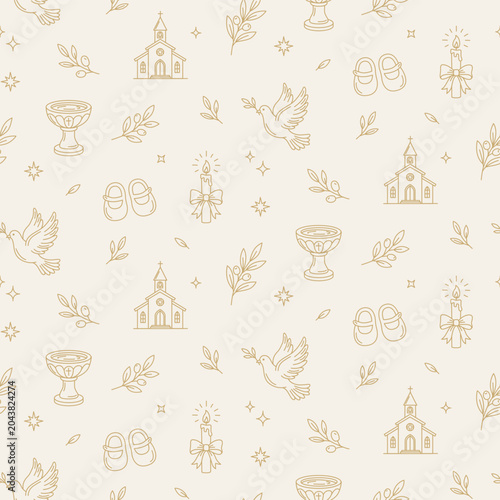 Foto Baptism seamless pattern with church, baptismal font, baby carriage, gifts and dove in gold on ivory background