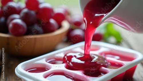 Red grape juice pours from pitcher into ice cube tray. Fresh grapes sit in wooden bowl nearby. Process creates frozen juice treats for refreshing drinks.