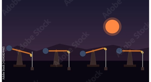 Animated oil pumpjacks working at sunset flat animation