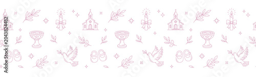 Tablou pe pânză Baptism horizontal border with church, baptismal font, baby shoes and dove