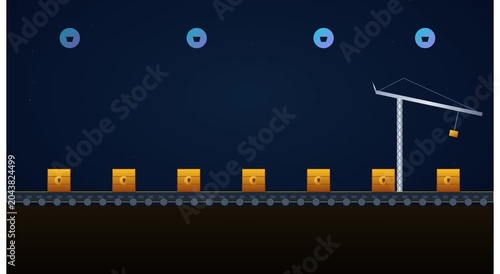 Automated conveyor belt with moving cargo crates animation