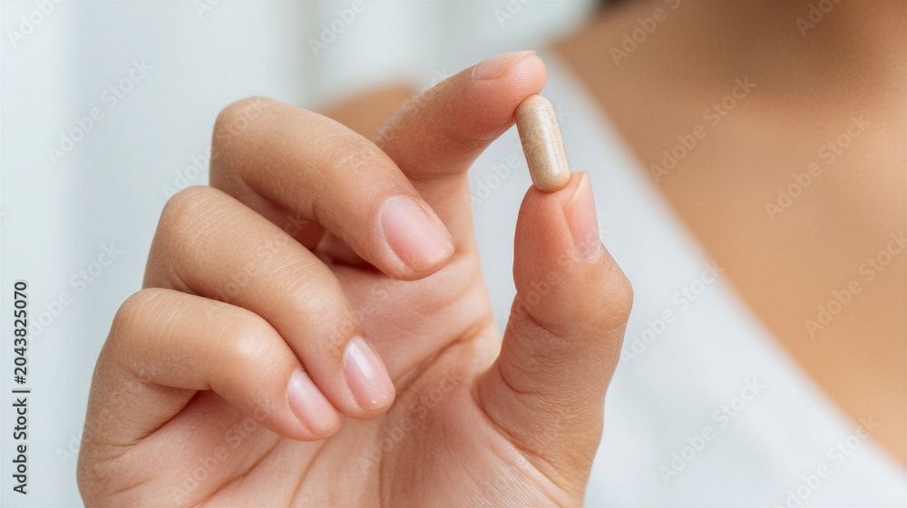 Naklejka premium Woman holding beige pill between finger. Patient taking medical supplement or vitamin capsule. Pharmaceutical healthcare, medicine and wellness concept for treatment or disease recovery.