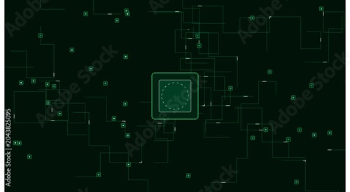 Digital circuit board hud interface with glowing data animation