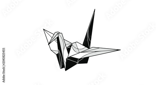 black and white origami crane on white background