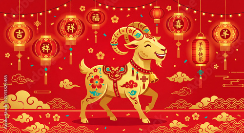 Chinese New Year, year of the goat. Chinese goat on a red background, with copy space 2027