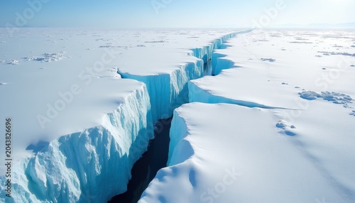 Aerial view of a long crevasse splitting Antarctic ice sheet. Deep icy canyon with dark water below. Vast white frozen landscape under clear blue sky.