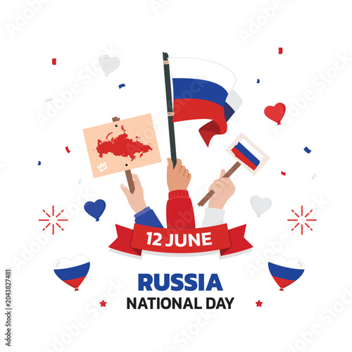 russia Independence Day Design, minimalist template of June 12 design elements with people holding flags and map in the center with the spirit of independence