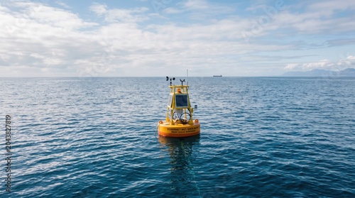 A bright yellow ocean buoy with a solar panel and weather monitoring equipment floats on the calm surface of a deep blue sea under a partly cloudy sky with a distant ship and mountain range.