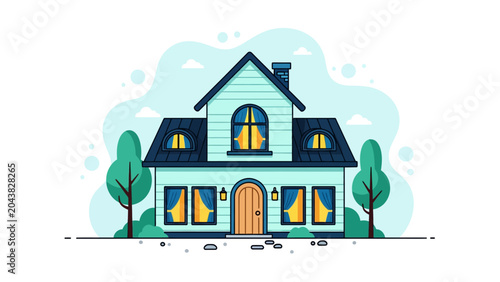 Charming House Illustration featuring a two-story suburban home with glowing windows and green trees in a flat vector style, ideal for real estate marketing and home insurance.