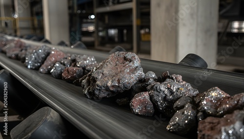 Detailed industrial close-up of raw mineral ore rocks moving along a heavy duty conveyor belt inside a mining processing facility for global metal production concept