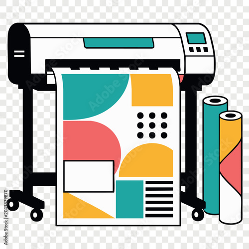 Large format plotter machine printing colorful geometric poster in digital print shop