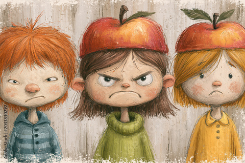 Three children with apple hats displaying unique expressions in colorful art